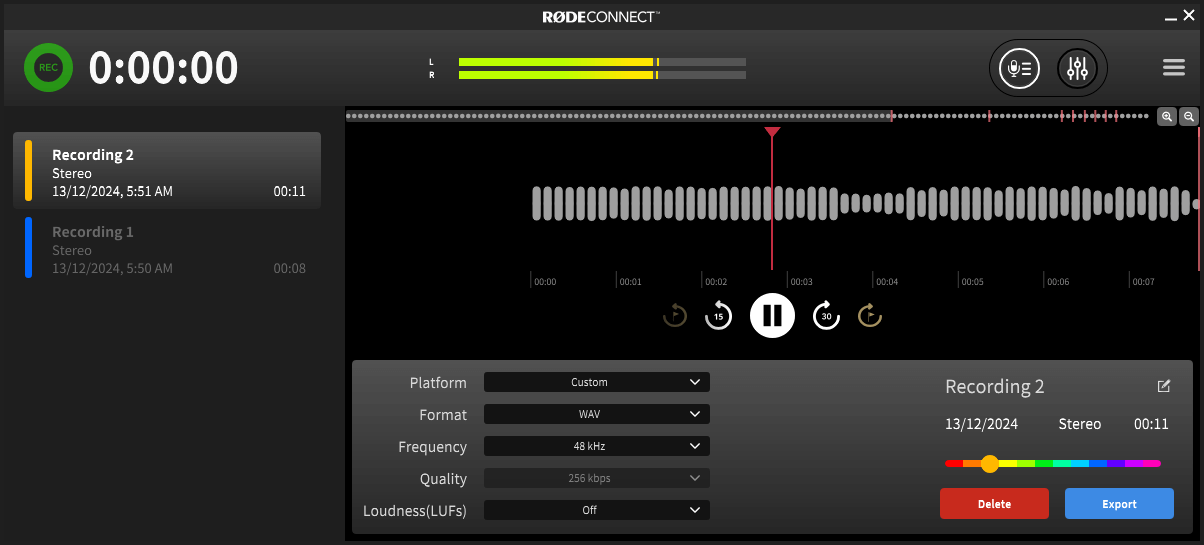 RØDE Connect export options